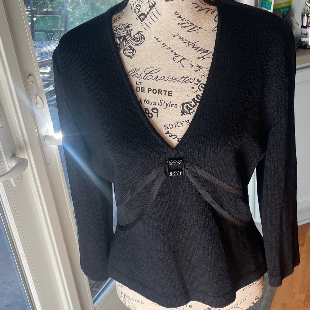 St John’s Chic Black V-Neck Sweater with Ribbon Detail